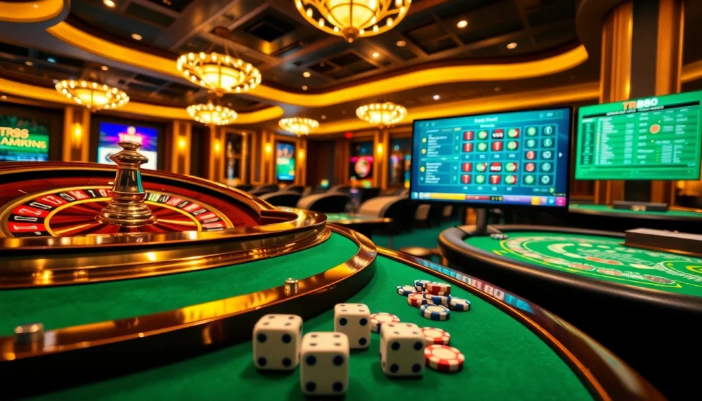 Experience the thrill of TR88 in a vibrant casino setting with roulette and poker games.