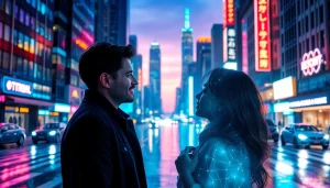 Engaging scene of AI sex interaction in a futuristic cityscape.