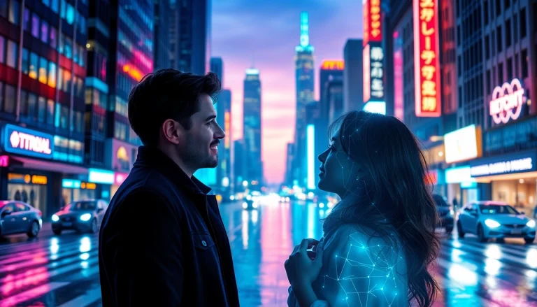 Engaging scene of AI sex interaction in a futuristic cityscape.