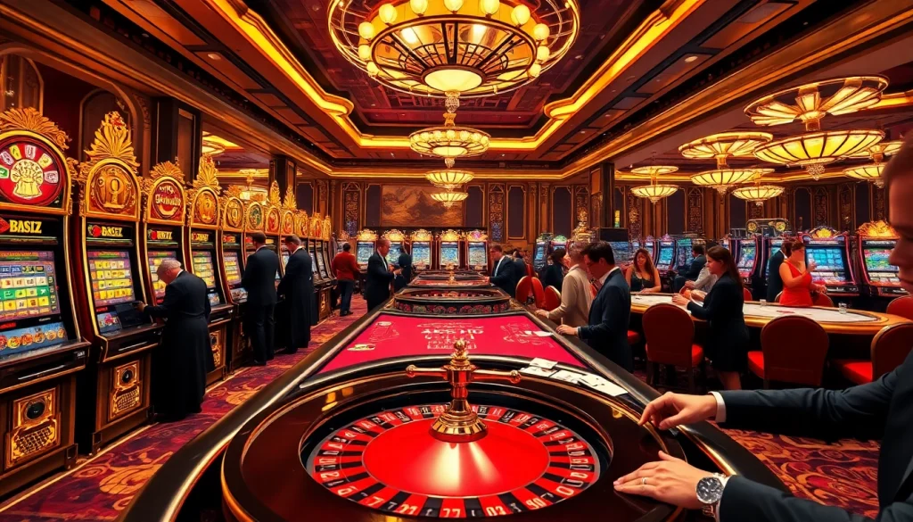 Experience thrilling gambling at https:/nk88.us.com/ with an elegant casino scene filled with vibrant games and luxurious details.