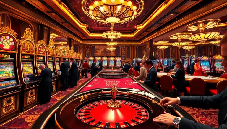 Experience thrilling gambling at https:/nk88.us.com/ with an elegant casino scene filled with vibrant games and luxurious details.