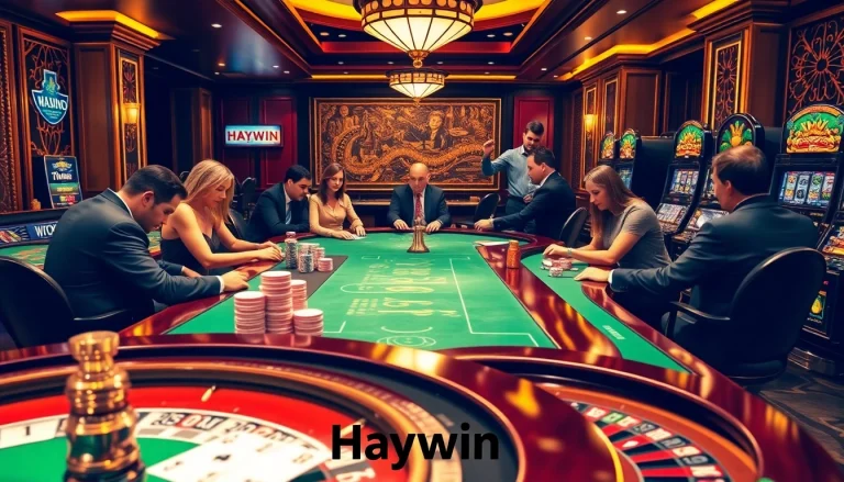 Haywin casino players enjoying an exhilarating game of poker with vibrant chip stacks and roulette action.