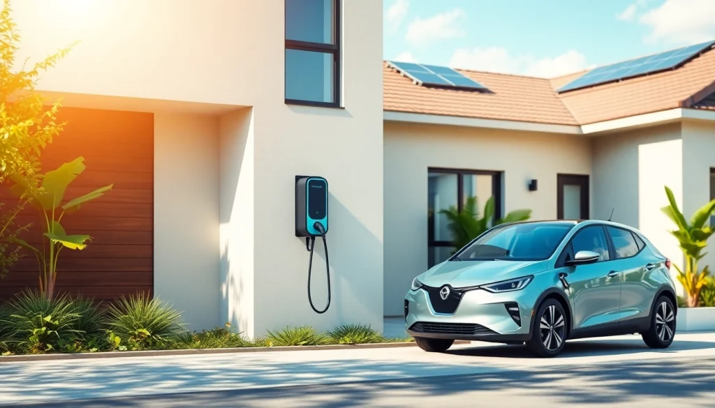 EV charger cost guide: modern home installation with sleek charger and electric vehicle.