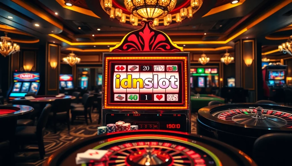 Engaging idnslot gaming scene with vibrant slot machine and casino elements.