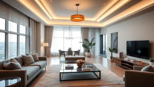 Showcase of home automation companies in dubai with modern living room features and automation controls.