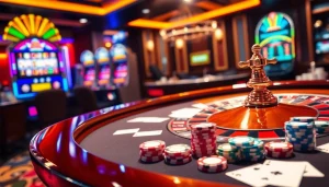 Dynamic casino scene showcasing RR88 gameplay, featuring colorful chips, cards, and roulette.