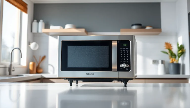 Highlighting microwave oven sales with a sleek design in a modern kitchen environment.
