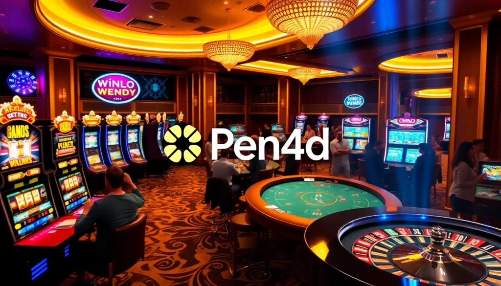 Players enjoying the thrilling Pen4d slot gaming experience in a vibrant casino atmosphere.
