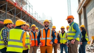 Construction member organization collaborating on site with diverse teams and machinery.