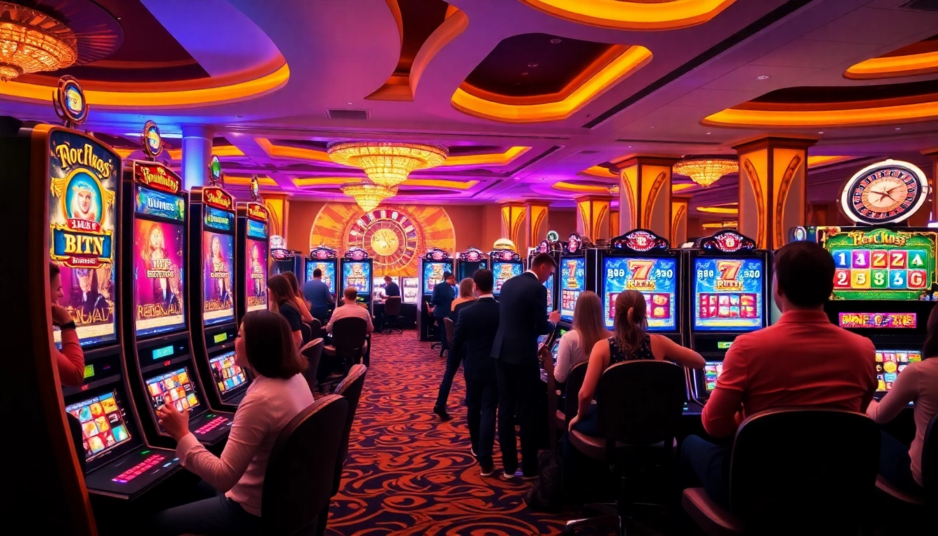 Engage with high RTP Pragmatic Play slots at a luxurious casino, showcasing colorful machines and vibrant atmosphere.