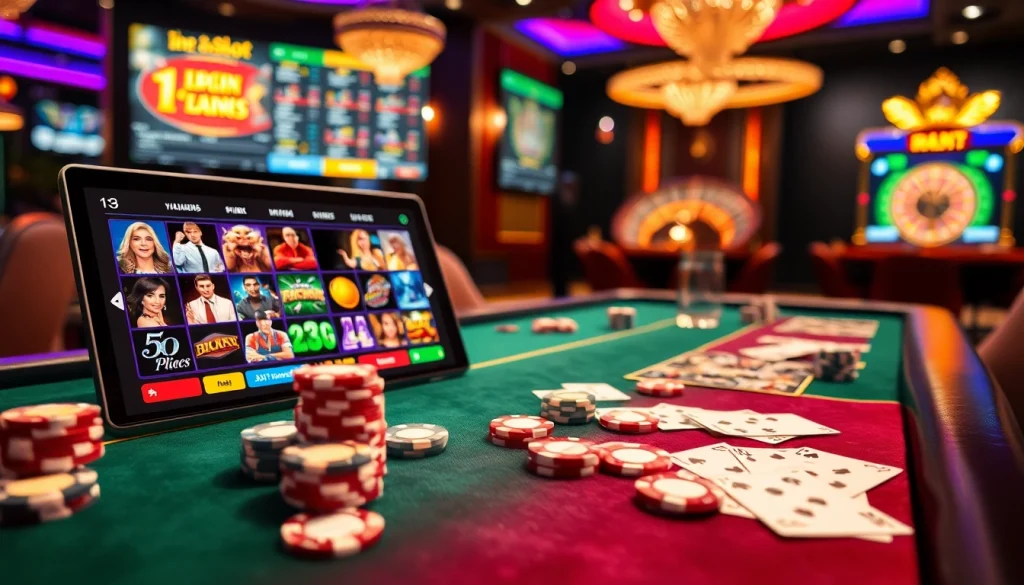 Engage with idnslot at a vibrant casino table featuring poker chips, cards, and a dynamic slot machine interface.