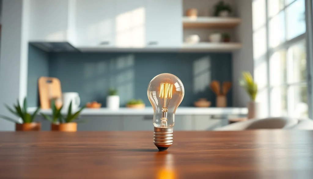 What is an A19 light bulb illuminating a stylish kitchen setting with warm tones.
