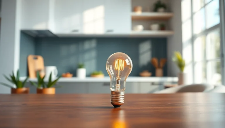 What is an A19 light bulb illuminating a stylish kitchen setting with warm tones.