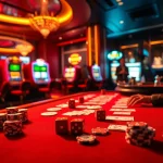 LC88 players engaging with vibrant casino tables and slot machines in a luxurious setting.