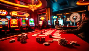 LC88 players engaging with vibrant casino tables and slot machines in a luxurious setting.