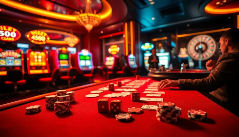 LC88 players engaging with vibrant casino tables and slot machines in a luxurious setting.