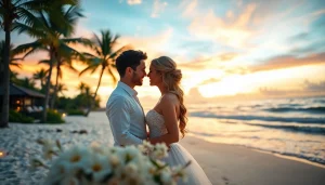 Destination photographer capturing an enchanting beach wedding at sunset with warm lighting.