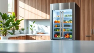 Modern Refrigerator showcasing fresh produce in a stylish kitchen setting.