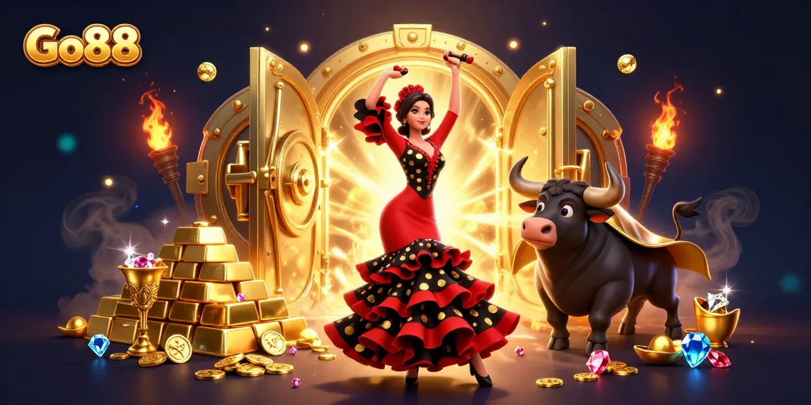 Engage with Go88's vibrant casino world featuring a flamenco dancer and treasure vault.