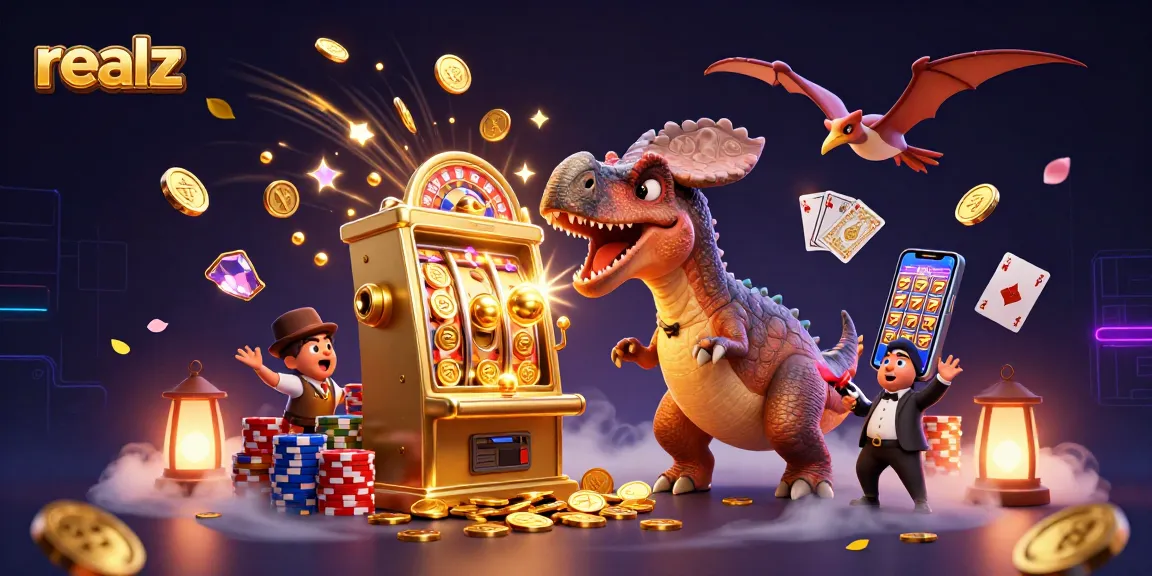 Experience the excitement of realz with a cartoon dino jackpot scene in a vibrant casino setting.