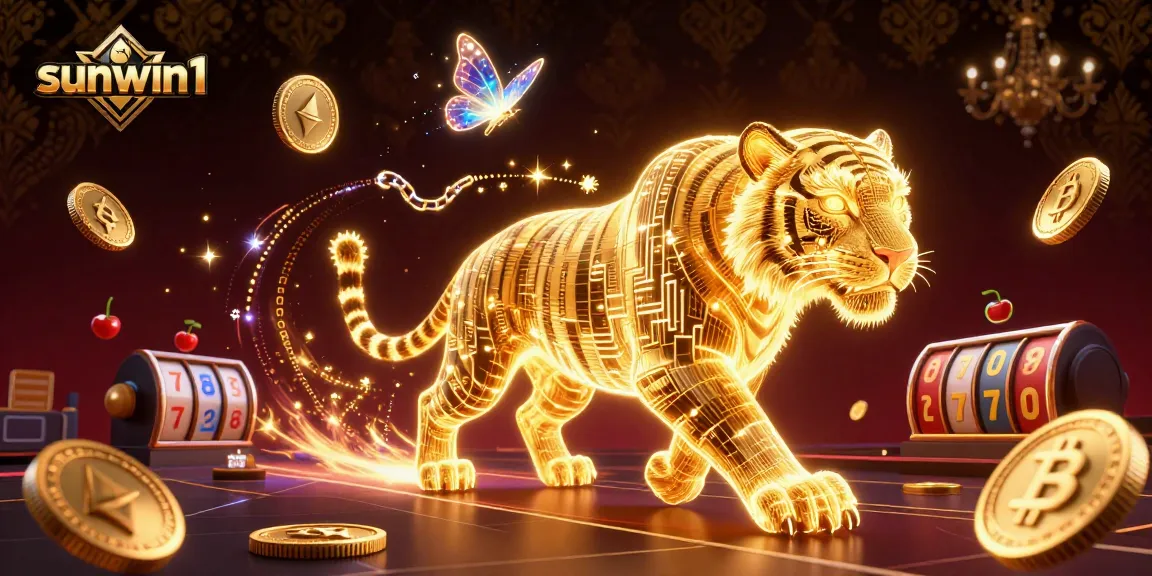 Engage in thrilling gameplay with sunwin1's golden tiger amidst bright slots and crypto elements.